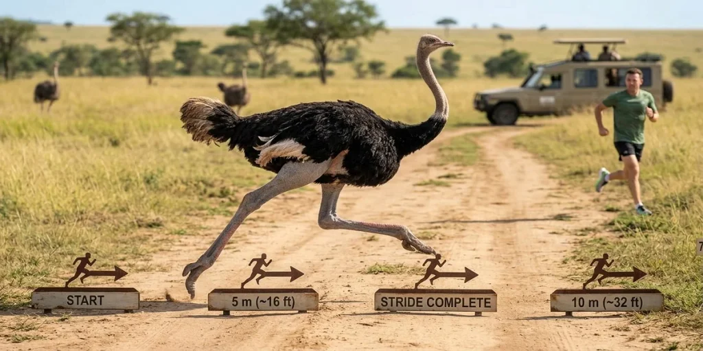 A dynamic action photograph taken on a savanna dirt road, showing a male ostrich in a full running stride. On the ground, measurement markers with text labels illustrate the distance covered, clearly indicating '5 m (~16 ft)' and '10 m (~32 ft)' strides, with a running person and safari vehicle visible in the background for scale comparison.
