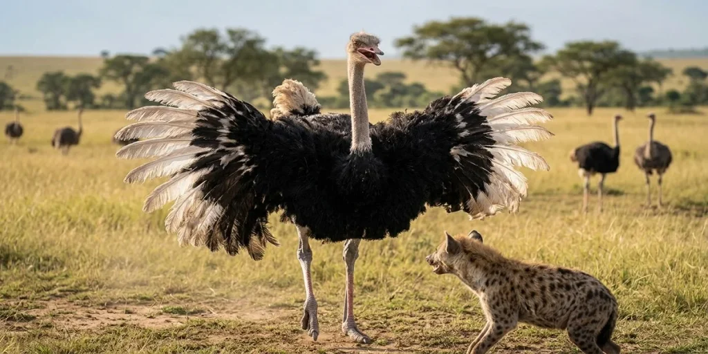 A close-up wildlife photograph taken on the Tanzanian savanna showing a large male ostrich in a full threat display, with its wings spread wide to appear massive, directly facing a spotted hyena that is cowering and looking back with alarm. This behavior illustrates the ostrich's use of intimidation to deter a predator.