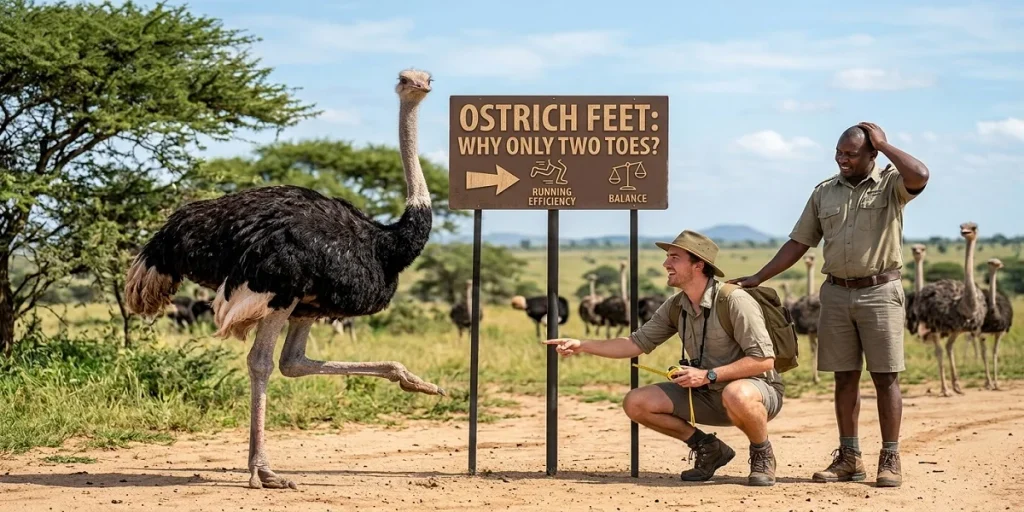 A humorous photograph of an ostrich showing its two-toed foot to safari guides pointing at a sign explaining why ostriches have only two toes.