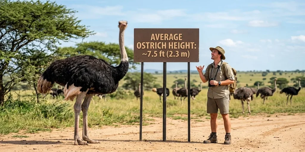 A full-body photograph comparing the height of a tall male ostrich with an average adult human on the African savanna, next to an informational sign about average ostrich height.