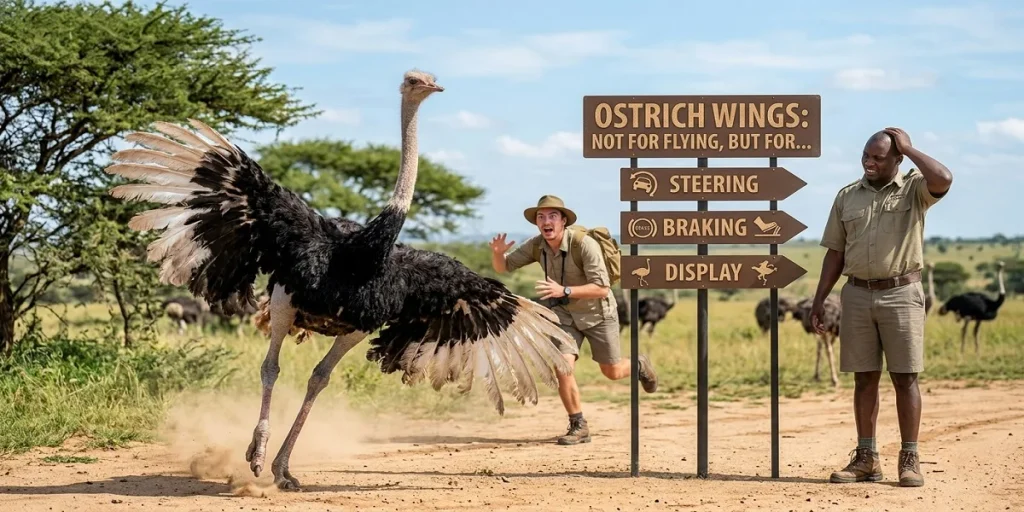 A wide-angle savanna photograph showing a male ostrich with spread wings, a confused tourist, and a calm local guide next to a sign explaining that an ostrich's wings are used for three main functions: steering, braking, and display.