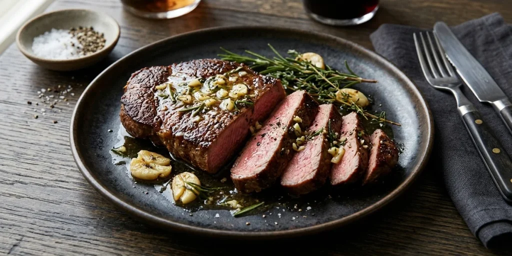 Sliced pan-seared ostrich steak garnished with garlic, rosemary, and thyme, on a dark plate, served on a rustic wooden table with a glass of red wine.