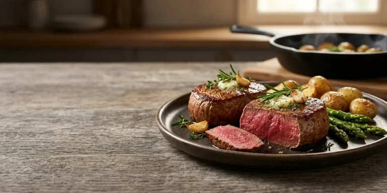 A beautifully seared ostrich steak medallion sliced open to reveal a juicy medium-rare pink center, served on a rustic dark plate with garlic butter, roasted potatoes, and green asparagus.