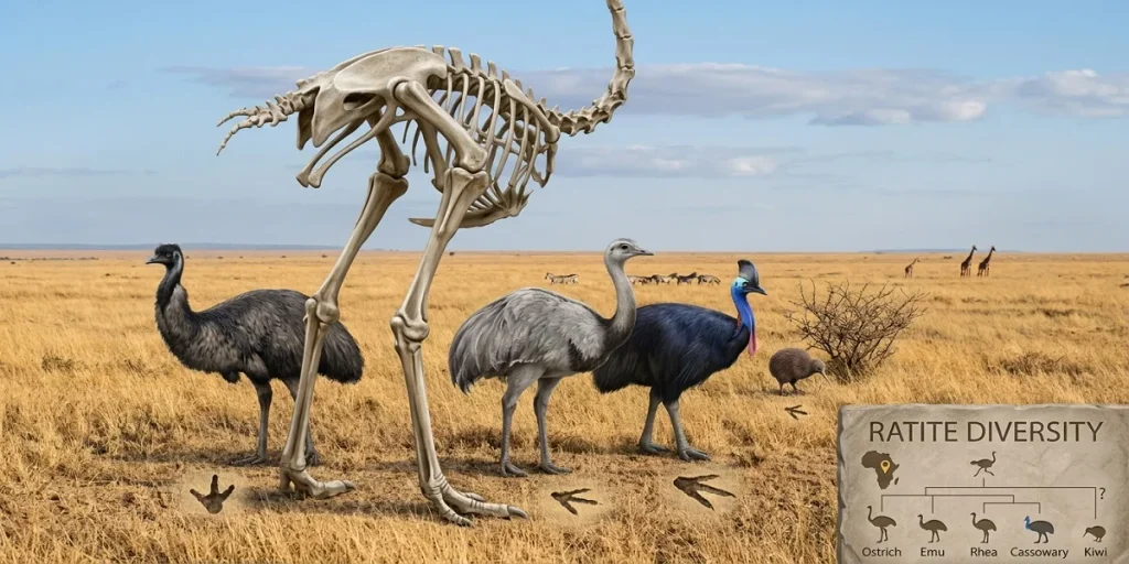 A museum-style infographic set in an African savanna, showing an anatomically detailed ostrich skeleton standing over the unique large footprints of its closest flightless bird relatives. Clustered around are a fully-feathered Emu, Rhea, and Cassowary, with a tiny Kiwi and its small footprint in the background. In the lower-right corner, an etched plaque titled "RATITE DIVERSITY" features an evolutionary tree chart with small silhouette icons and labels, illustrating the complex and unique relationships among the world's large, flightless ratite birds and their distinct three-toed tracks.