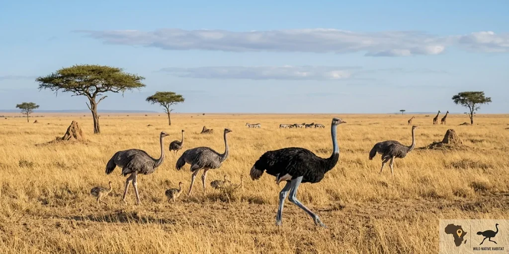 A wide-angle landscape photograph of a wild ostrich family including chicks, walking across a golden grassland savanna in Tanzania